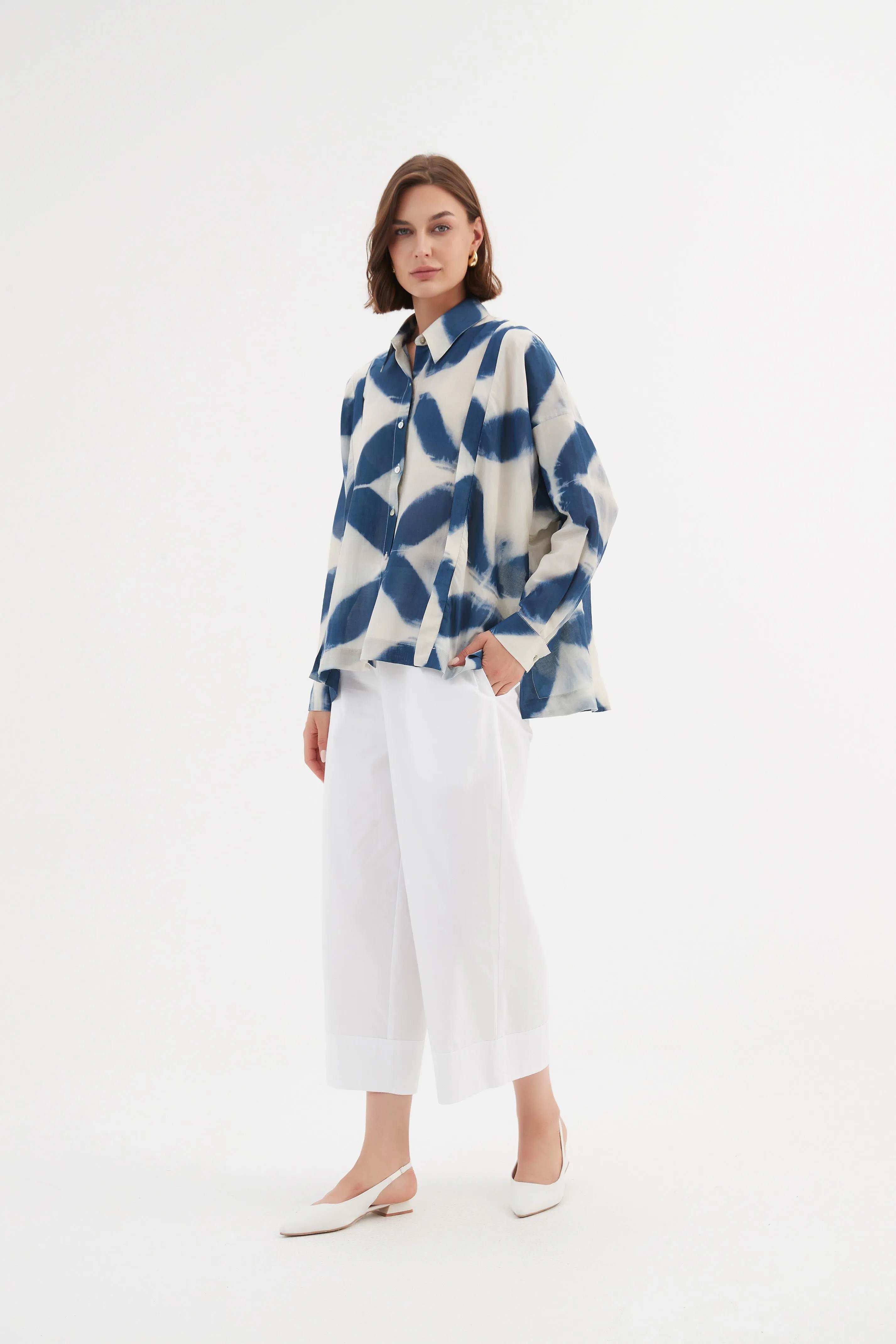 Boxy Pleat Shirt  - Blue Diamond Print