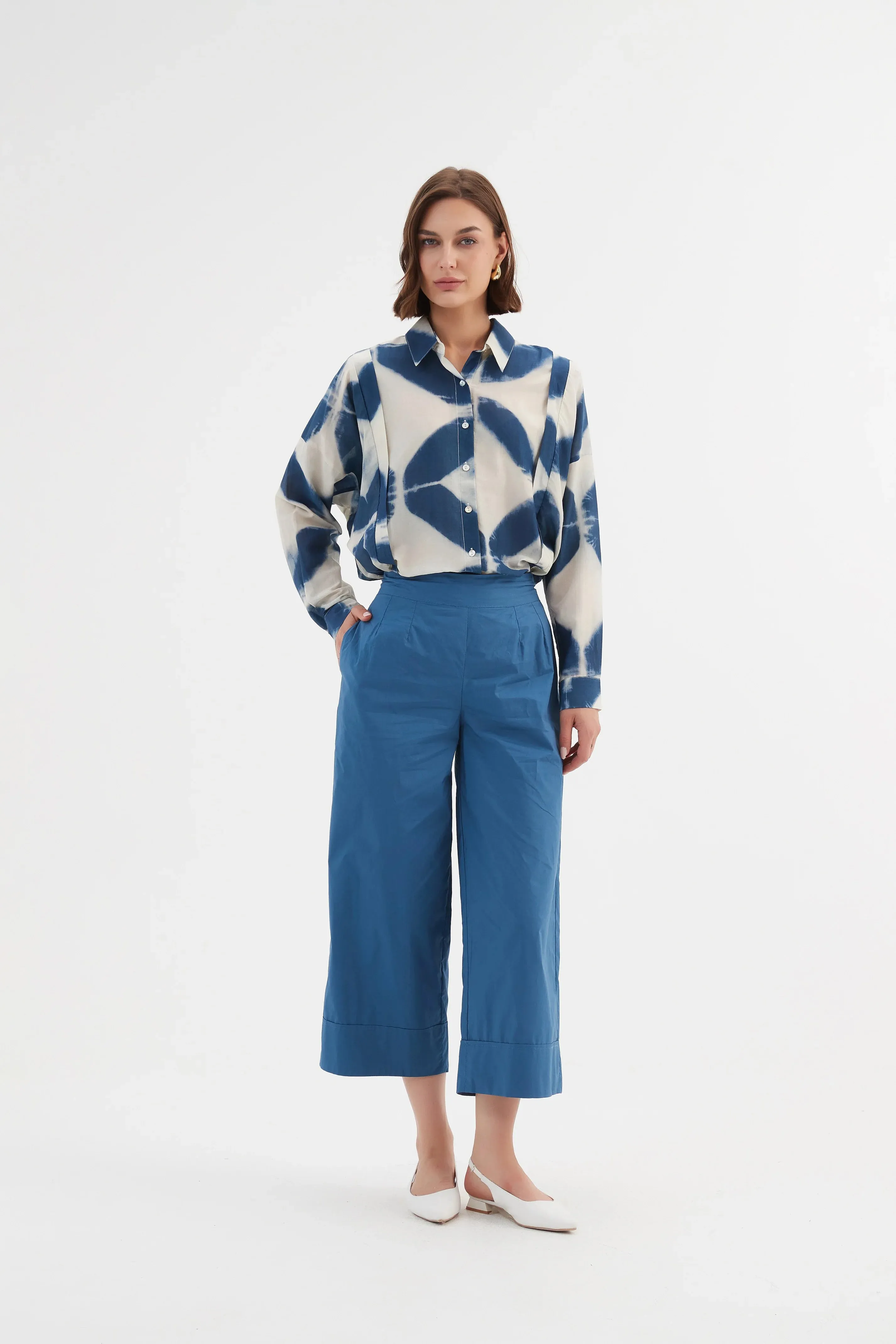 Boxy Pleat Shirt  - Blue Diamond Print