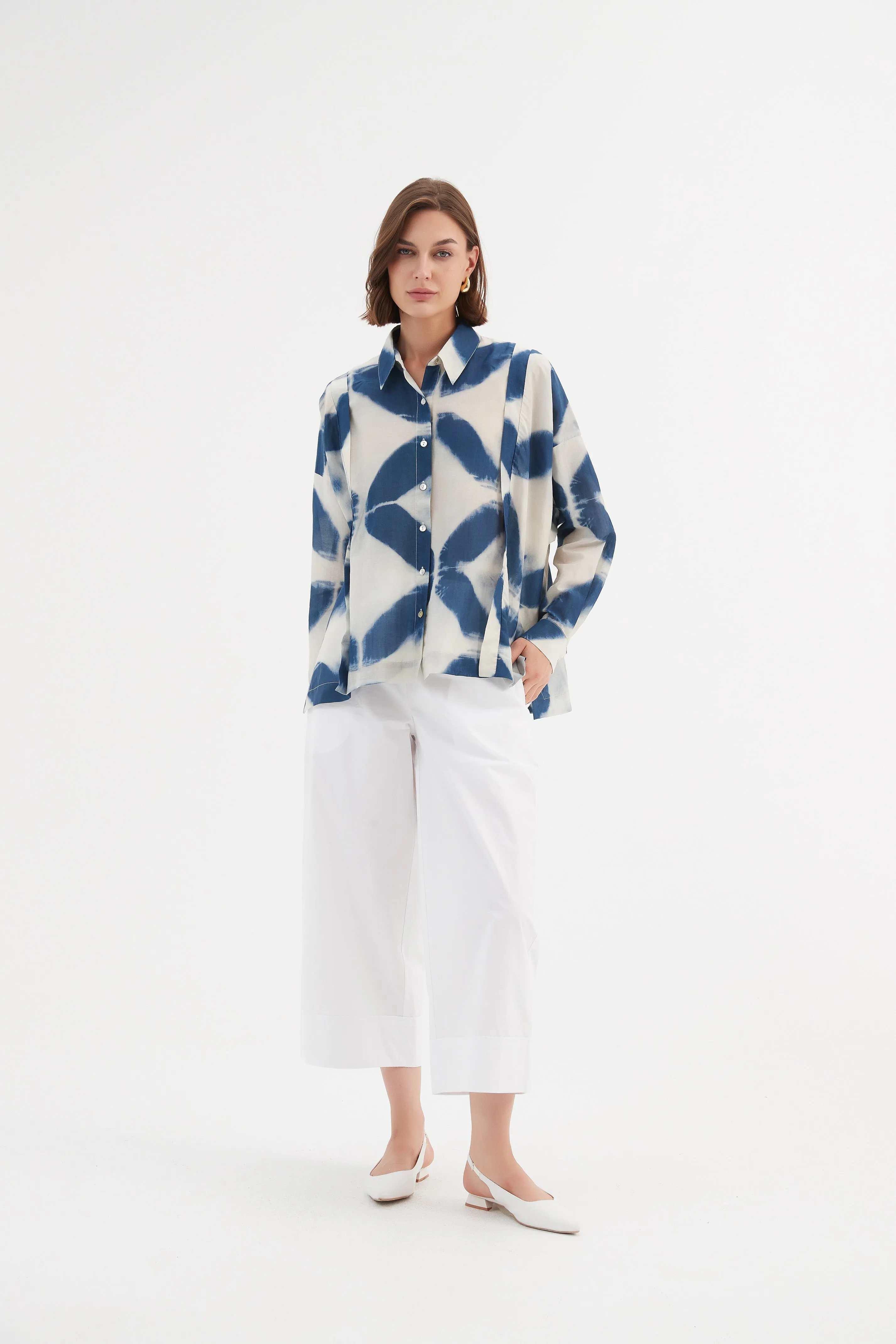 Boxy Pleat Shirt  - Blue Diamond Print