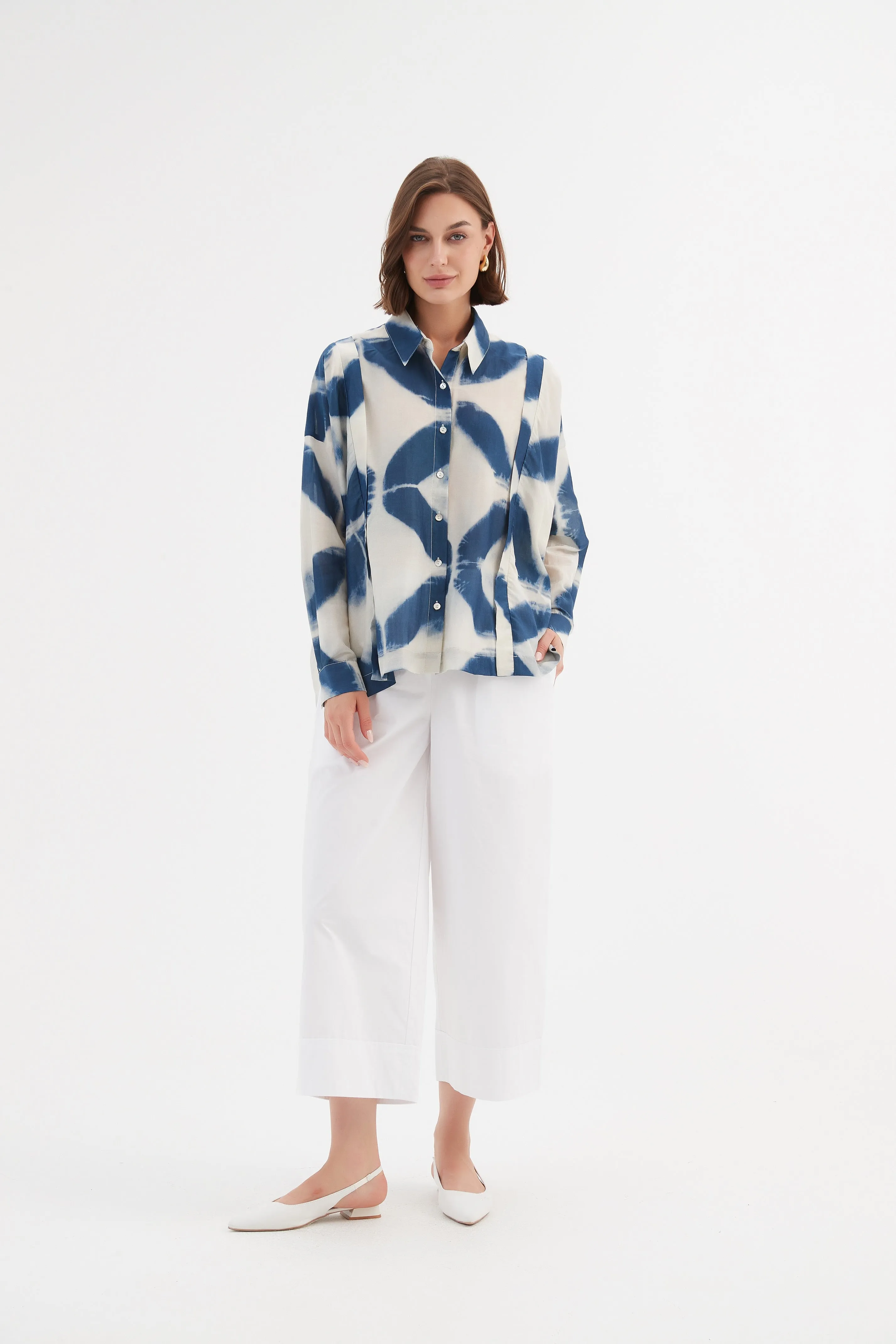 Boxy Pleat Shirt  - Blue Diamond Print