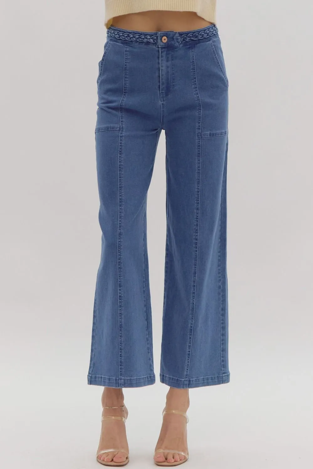 Braided High Waist Wide Leg Pants in Denim