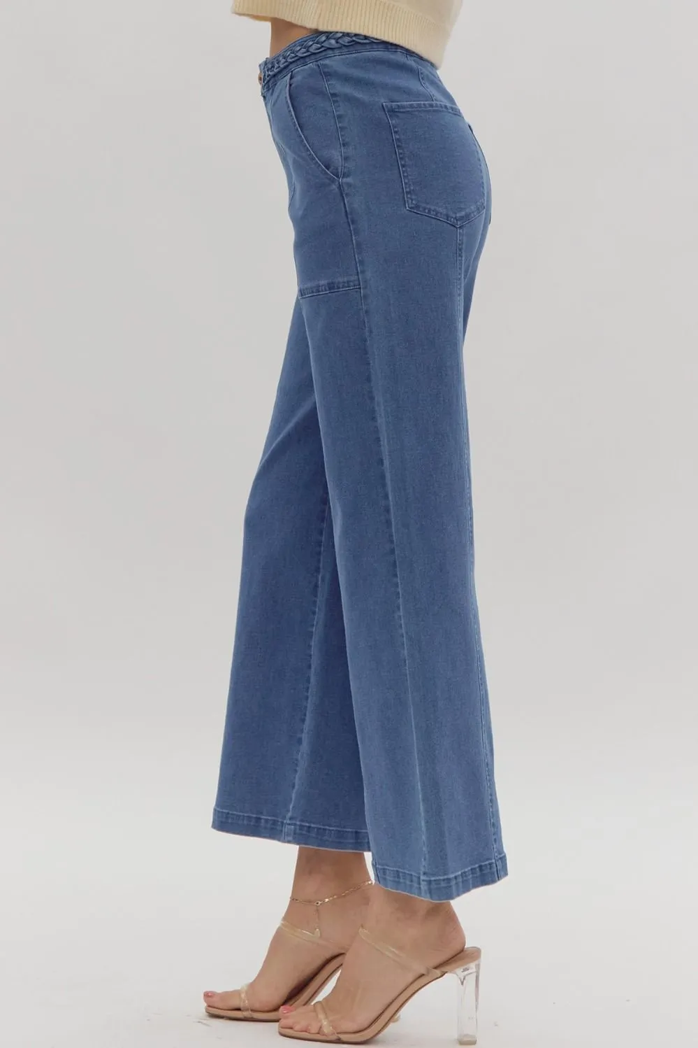 Braided High Waist Wide Leg Pants in Denim