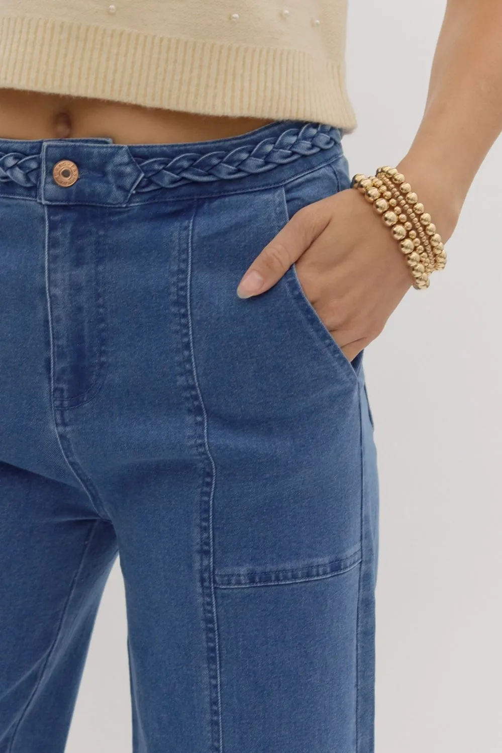 Braided High Waist Wide Leg Pants in Denim