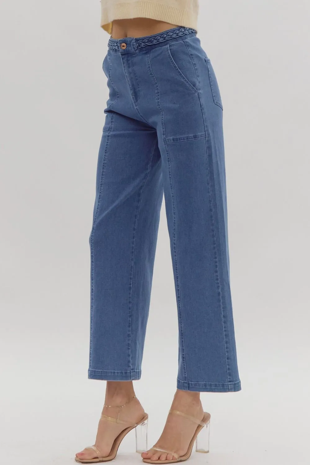 Braided High Waist Wide Leg Pants in Denim