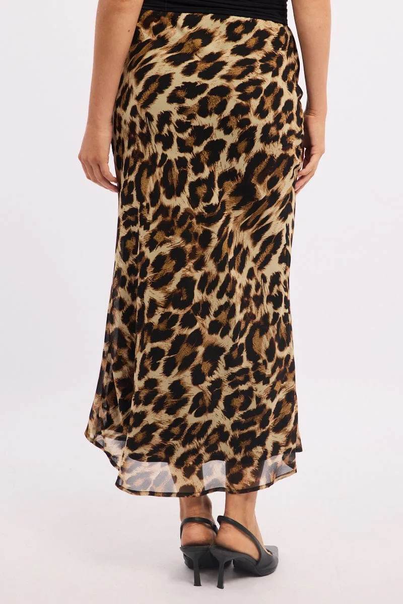 Brown Animal Print Slip Skirt High Rise Elastic Waist Maxi