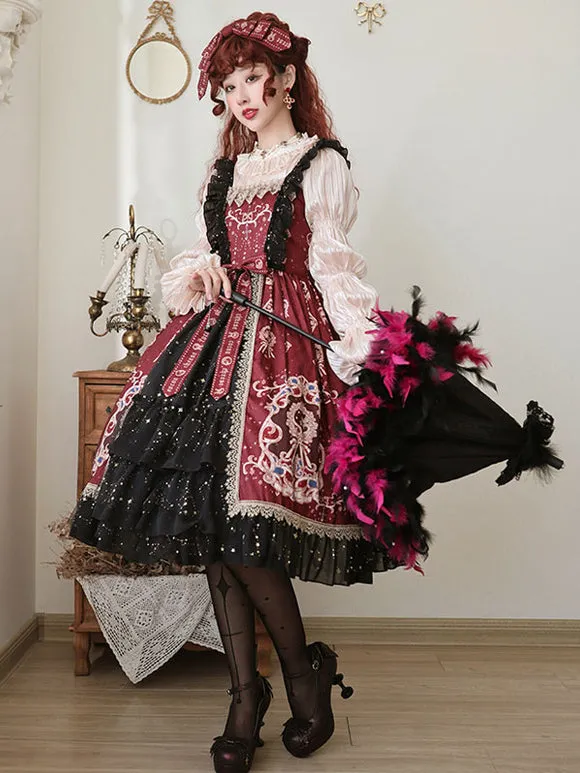 Burgundy Lolita JSK Dress Sleeveless Bows Ruffles Lolita Jumper Skirts