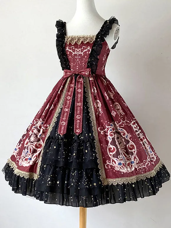 Burgundy Lolita JSK Dress Sleeveless Bows Ruffles Lolita Jumper Skirts