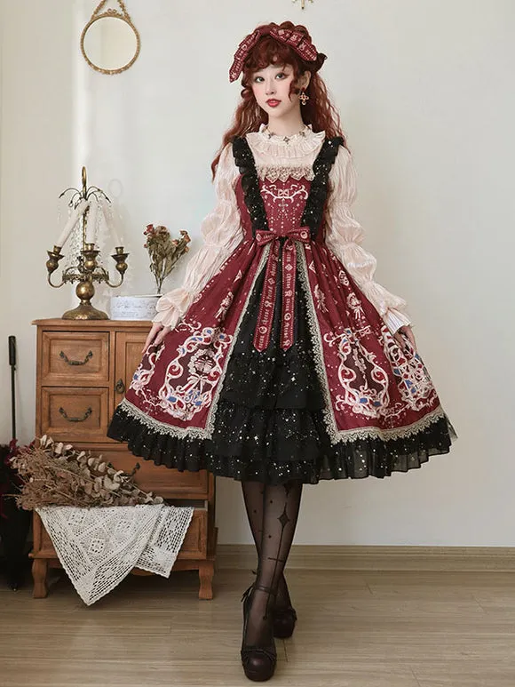 Burgundy Lolita JSK Dress Sleeveless Bows Ruffles Lolita Jumper Skirts