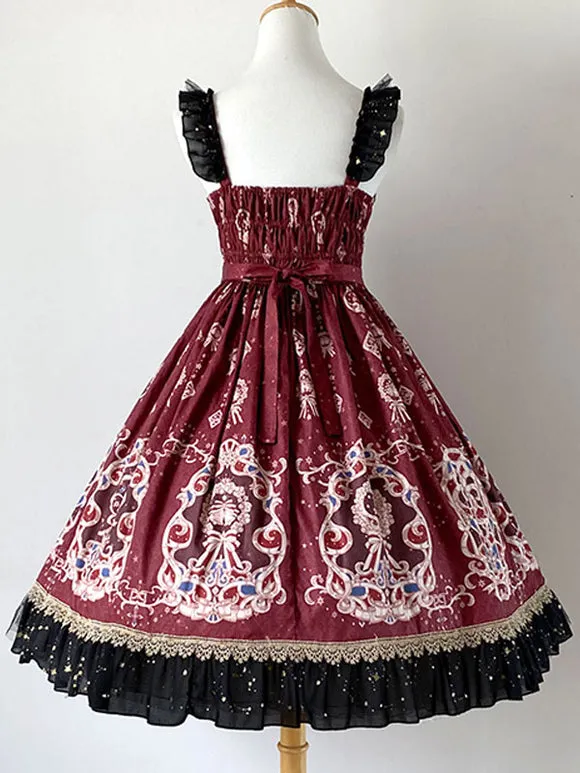 Burgundy Lolita JSK Dress Sleeveless Bows Ruffles Lolita Jumper Skirts