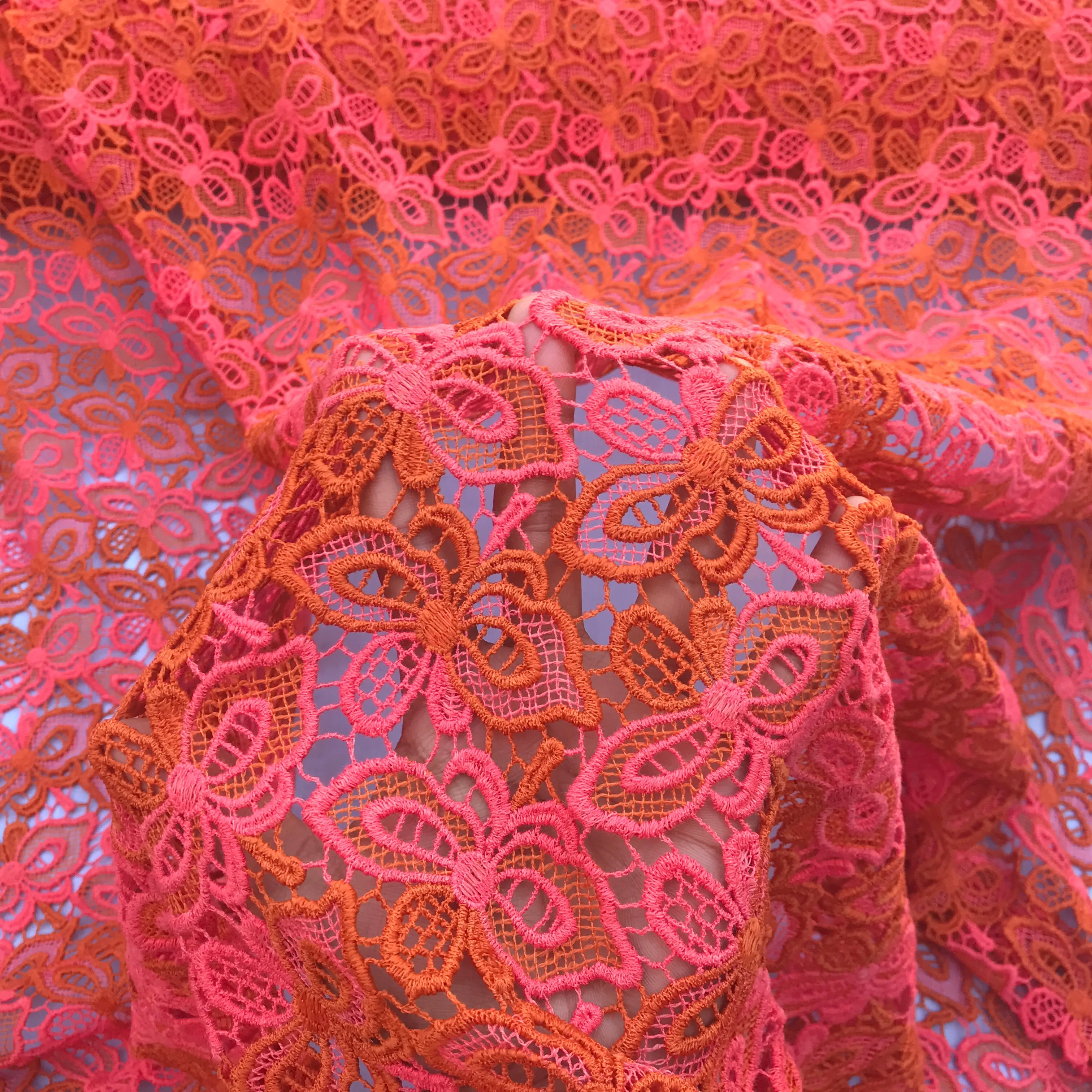 Butterfly Heavy Cotton Lace  African Bridal Fabric, Orange/Pink