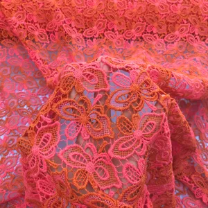 Butterfly Heavy Cotton Lace  African Bridal Fabric, Orange/Pink