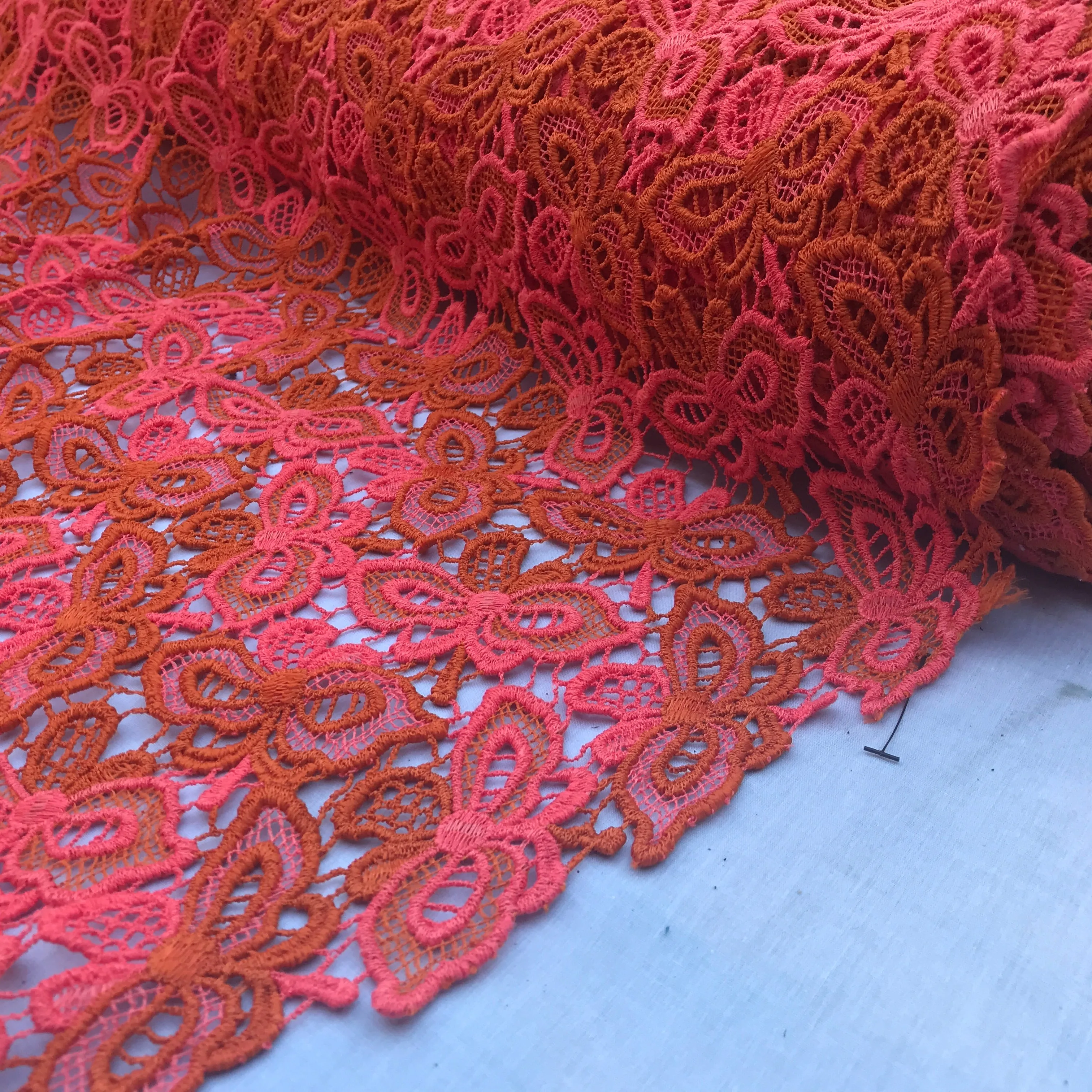 Butterfly Heavy Cotton Lace  African Bridal Fabric, Orange/Pink