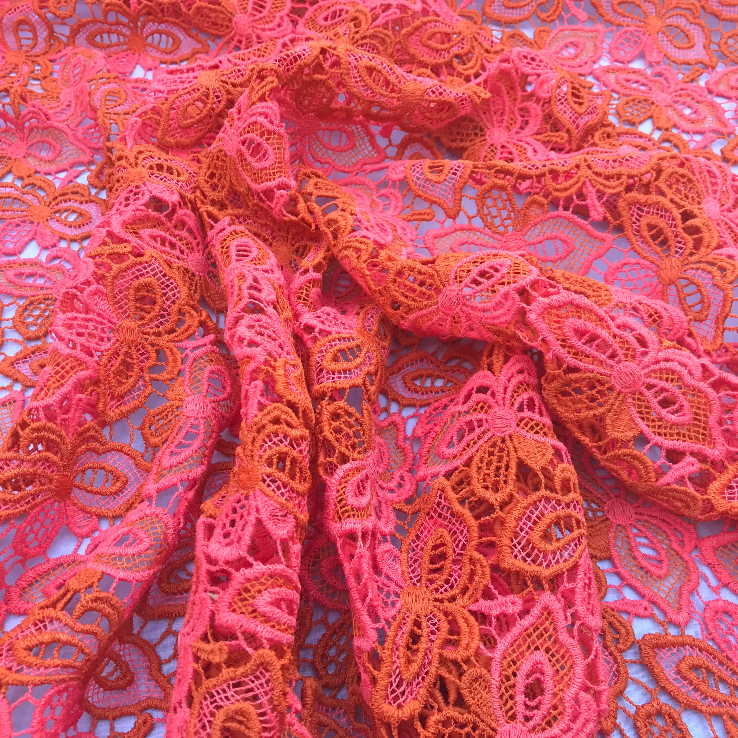 Butterfly Heavy Cotton Lace  African Bridal Fabric, Orange/Pink