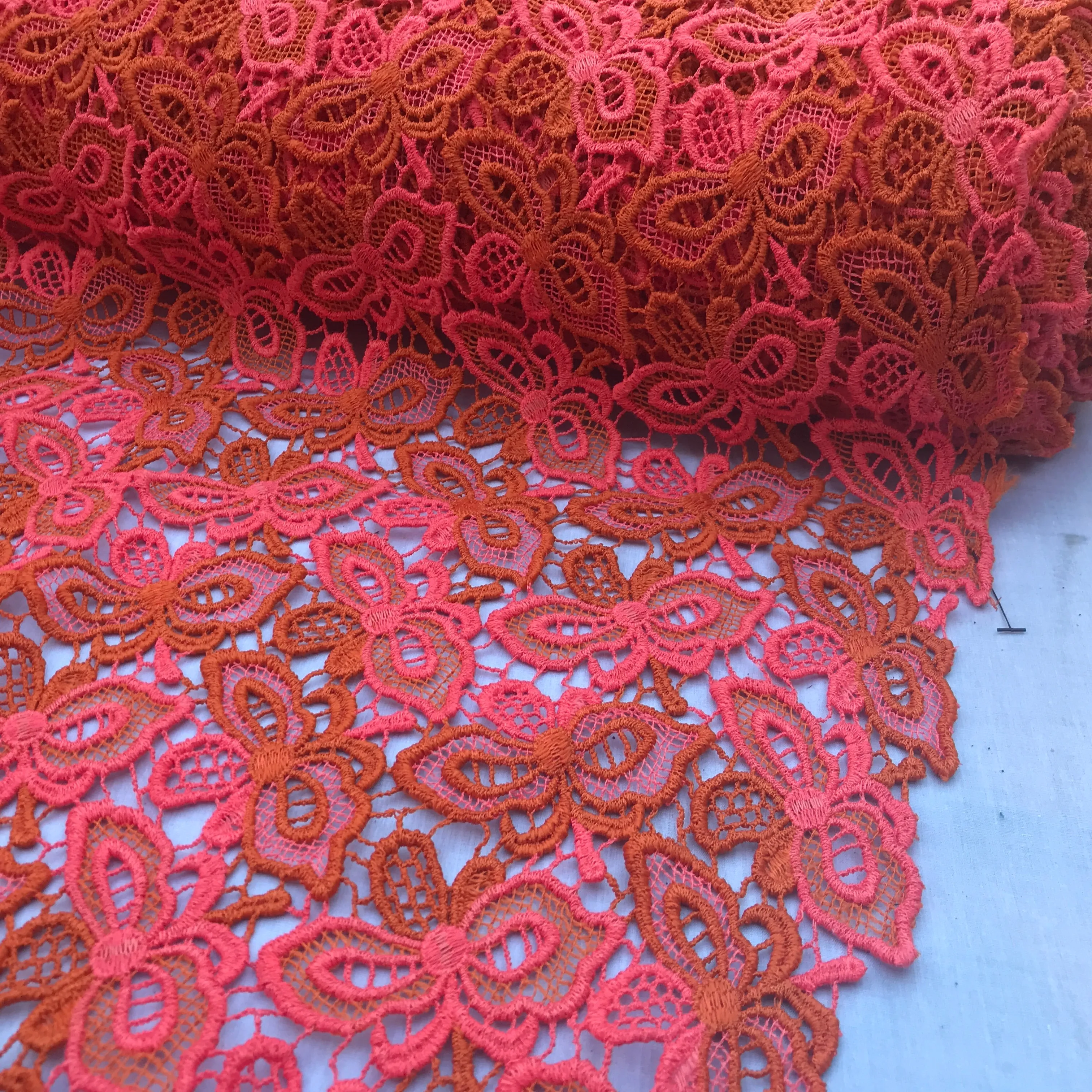Butterfly Heavy Cotton Lace  African Bridal Fabric, Orange/Pink