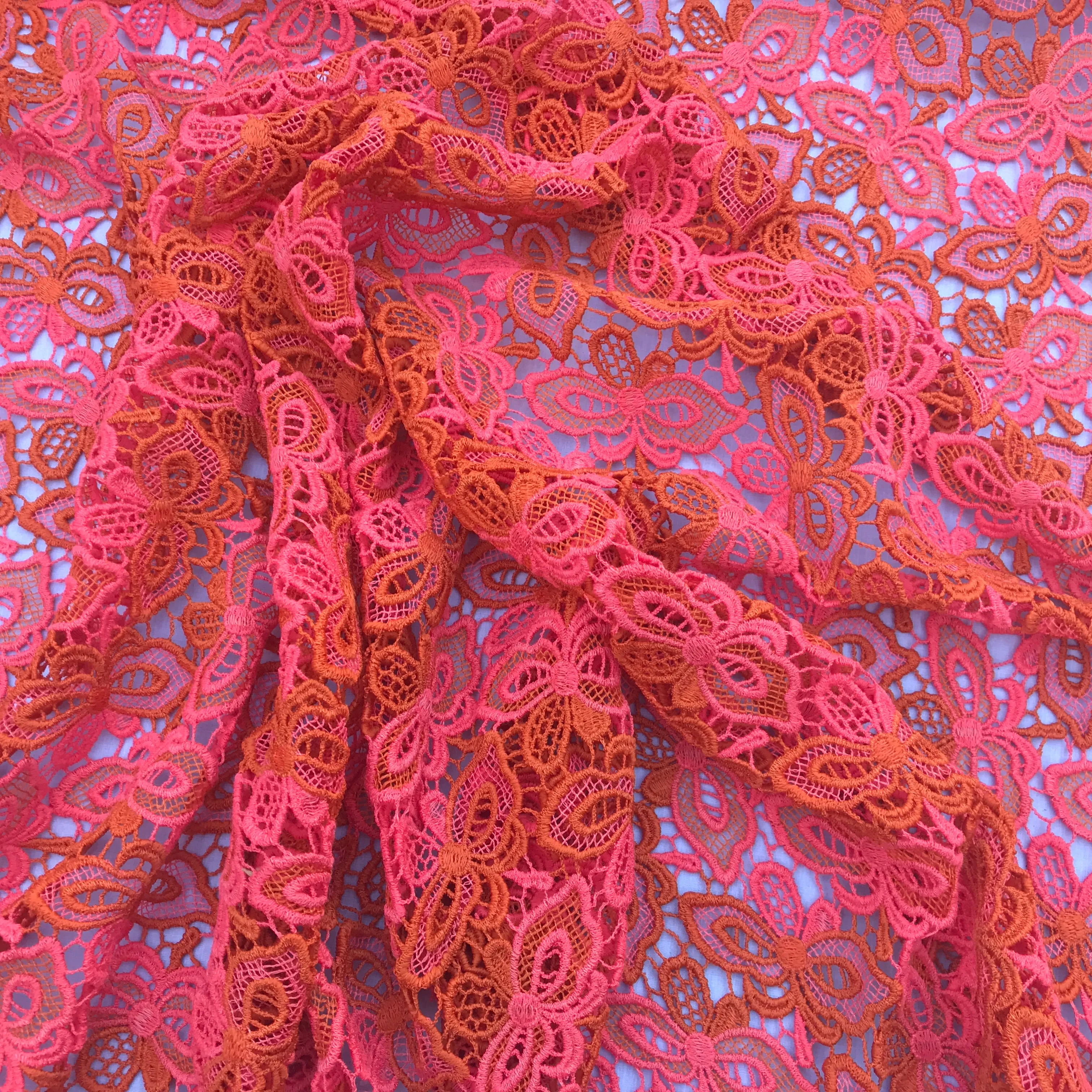 Butterfly Heavy Cotton Lace  African Bridal Fabric, Orange/Pink