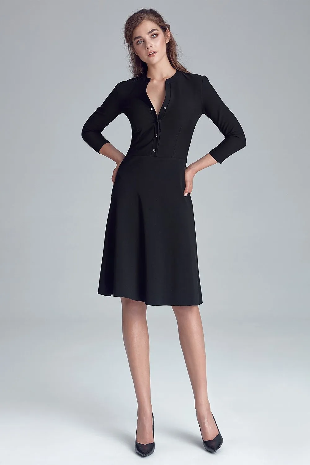 Button Detail Knee-Length Office Dress