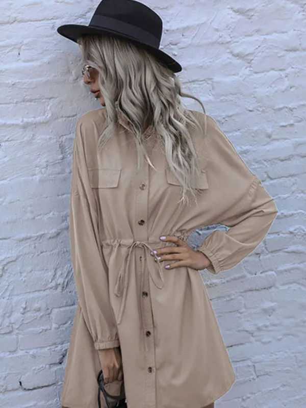 Button-Down Shirt Dress with Drawstring Waist and Elastic Cuffs