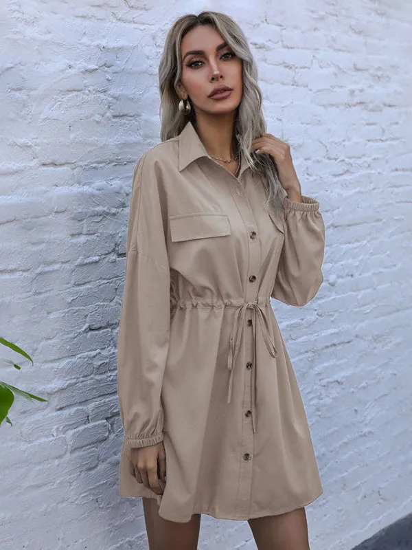 Button-Down Shirt Dress with Drawstring Waist and Elastic Cuffs