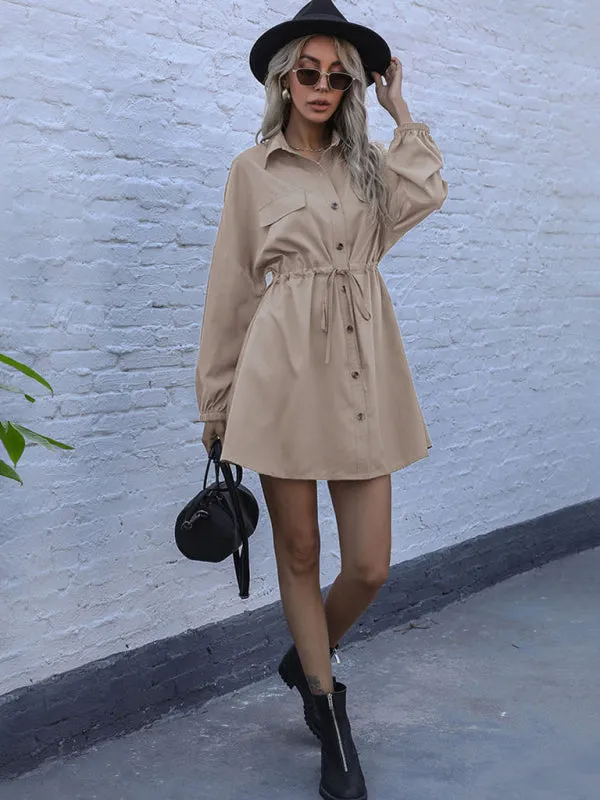 Button-Down Shirt Dress with Drawstring Waist and Elastic Cuffs