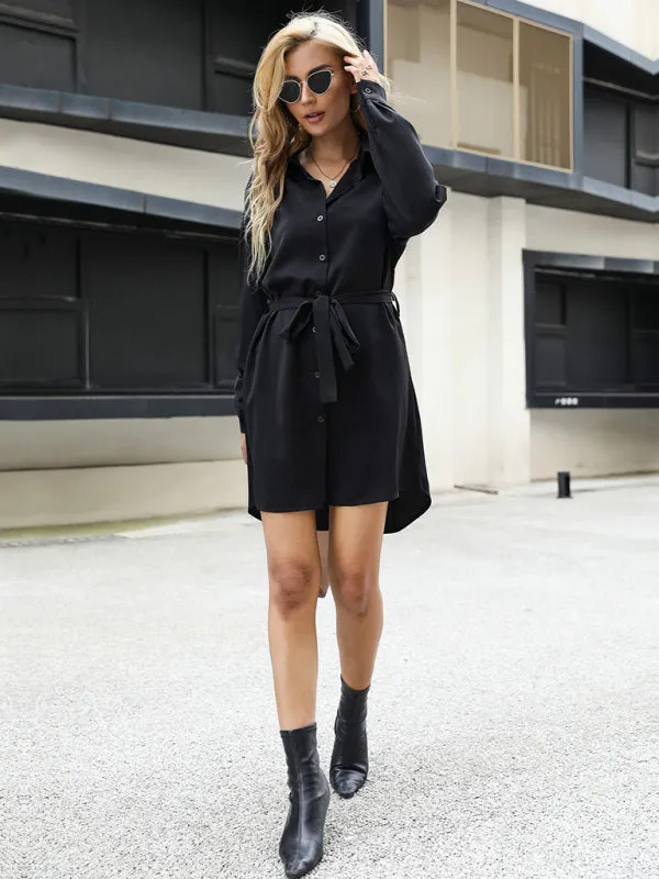 Button-Down Shirt Dress with Self-Tie Waist and Long Sleeves