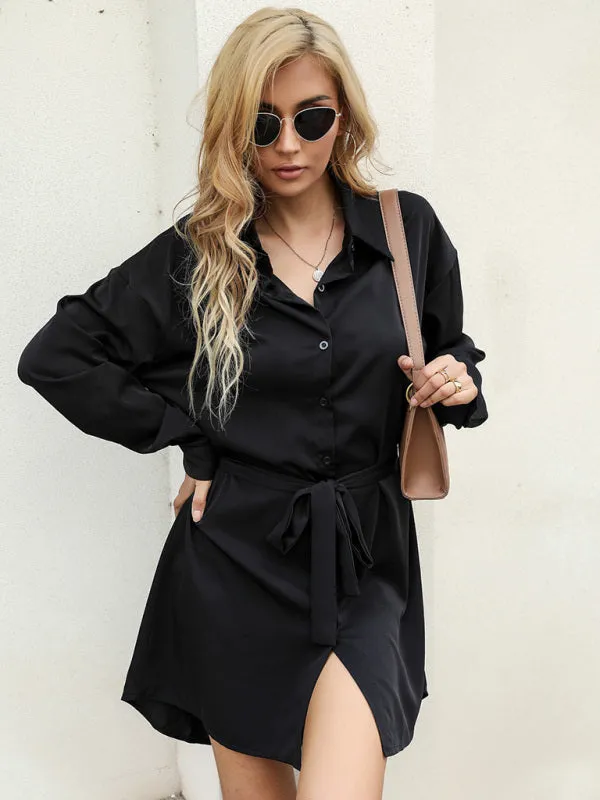 Button-Down Shirt Dress with Self-Tie Waist and Long Sleeves