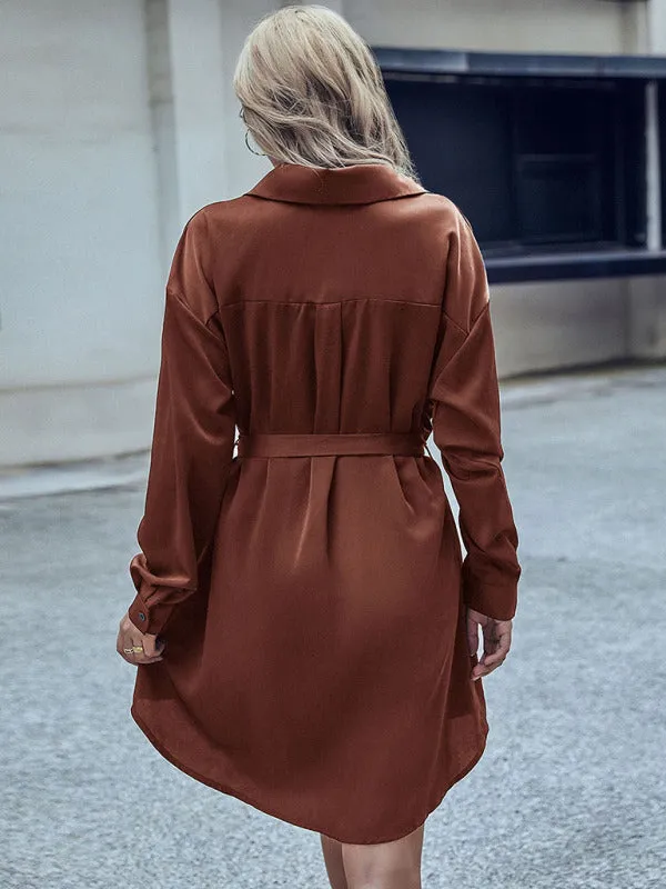 Button-Down Shirt Dress with Self-Tie Waist and Long Sleeves