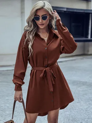 Button-Down Shirt Dress with Self-Tie Waist and Long Sleeves
