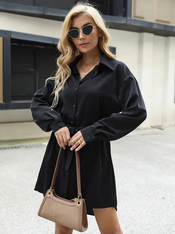 Button-Down Shirt Dress with Self-Tie Waist and Long Sleeves