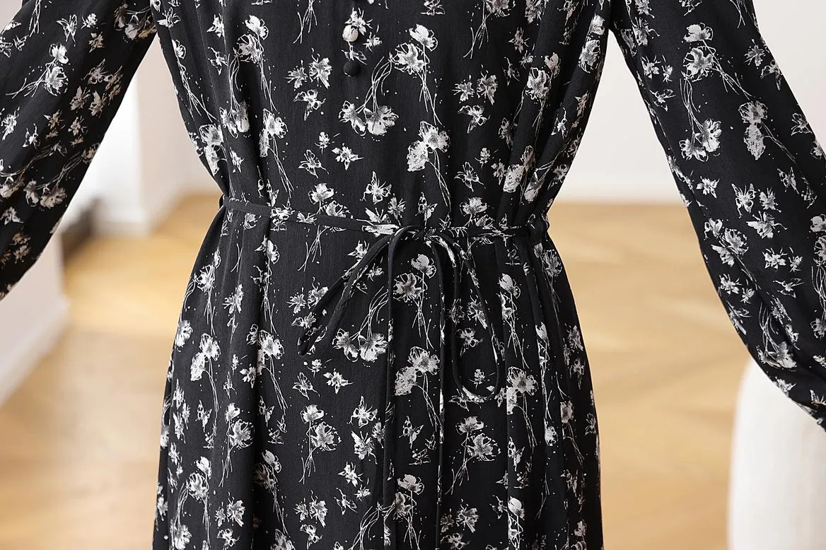 Calf-Length Black Floral Dress for Sophisticated Women