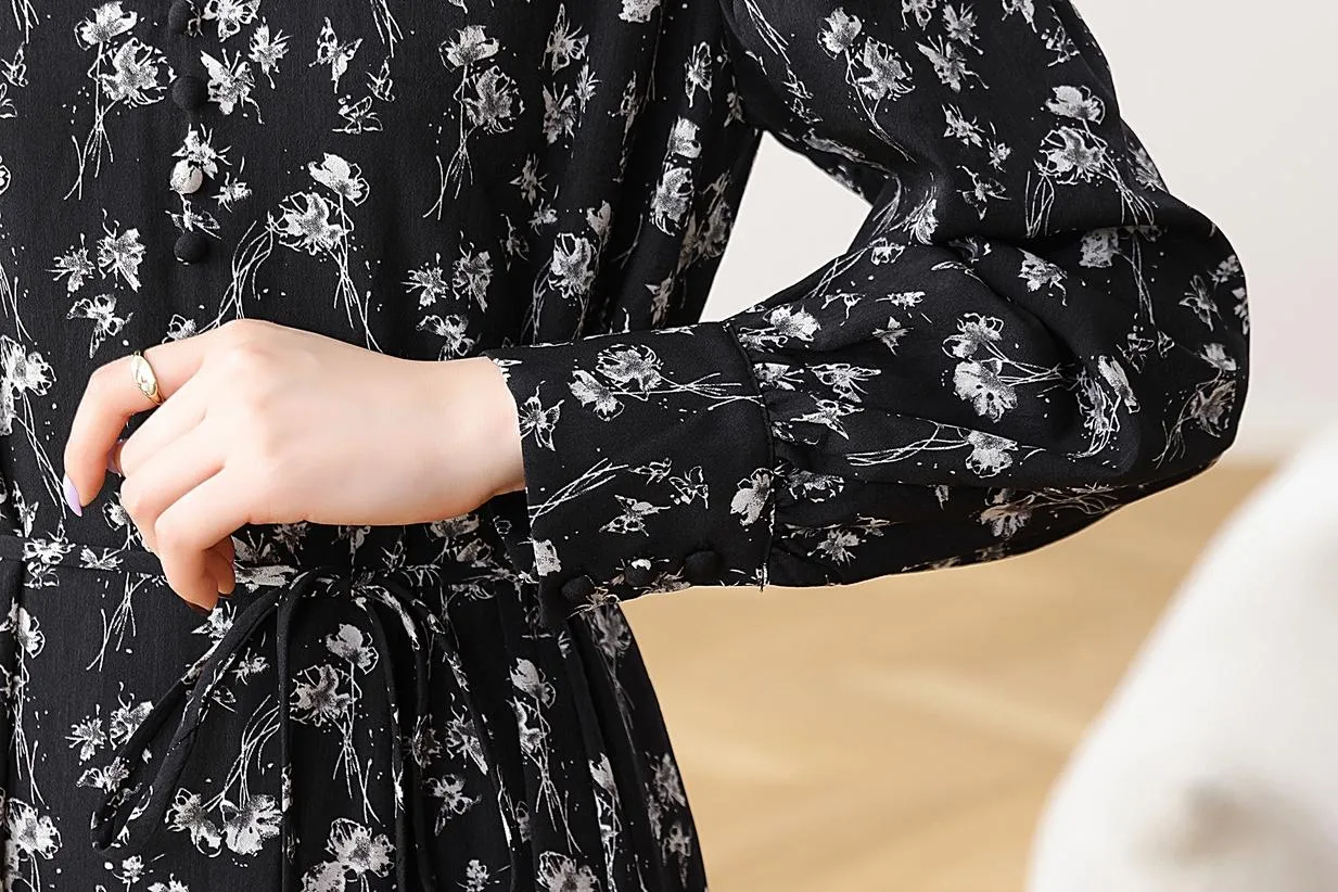 Calf-Length Black Floral Dress for Sophisticated Women