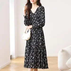 Calf-Length Black Floral Dress for Sophisticated Women