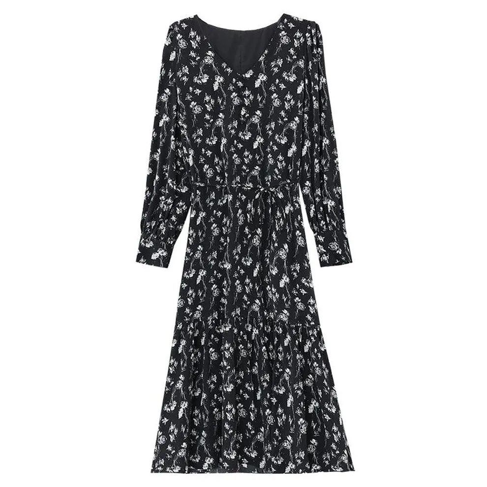 Calf-Length Black Floral Dress for Sophisticated Women