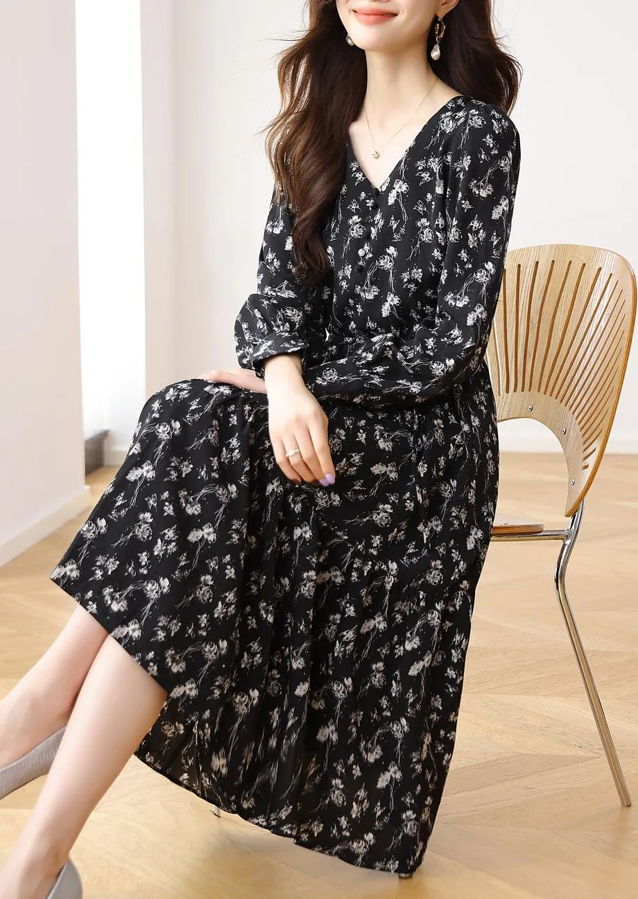 Calf-Length Black Floral Dress for Sophisticated Women
