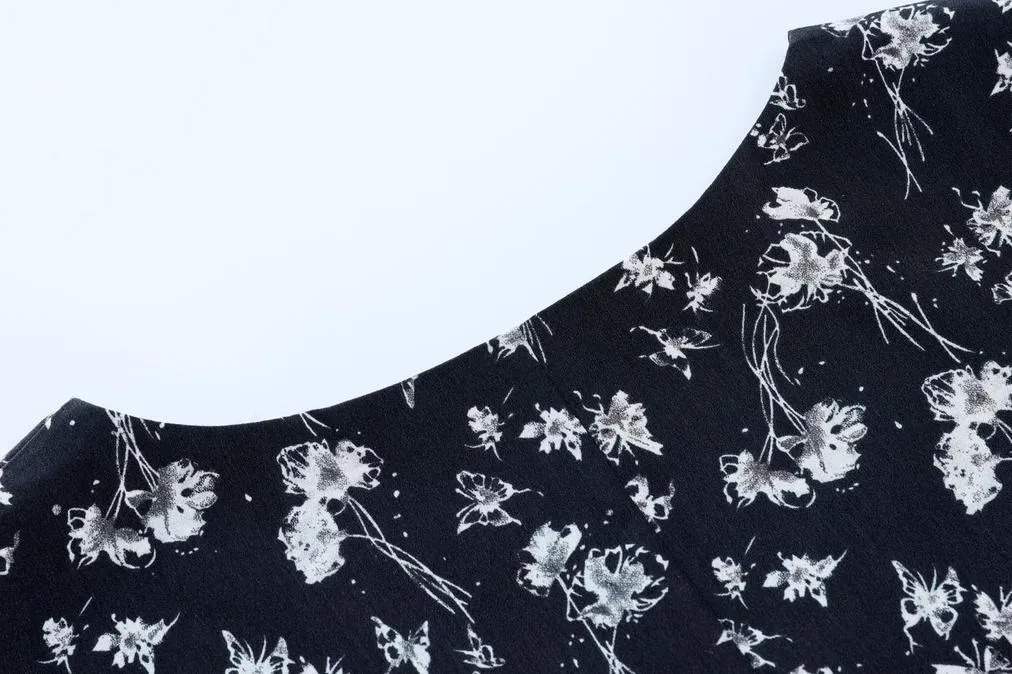 Calf-Length Black Floral Dress for Sophisticated Women