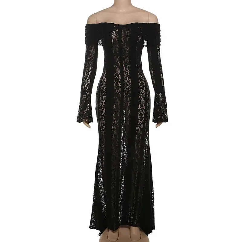 Caliste Black Off Shoulder Solid Lace Sexy Maxi Dress