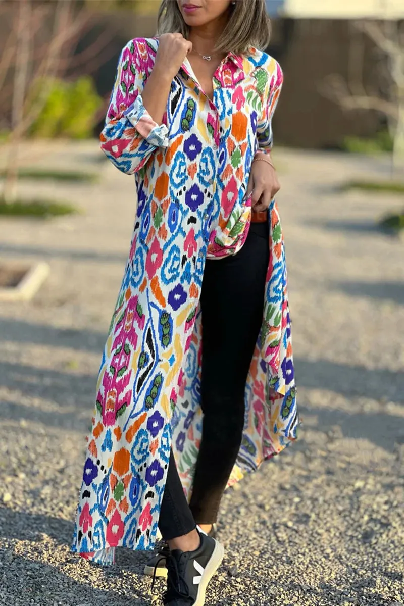 Casual Sweet Geometric Printing Turndown Collar Shirt Dresses