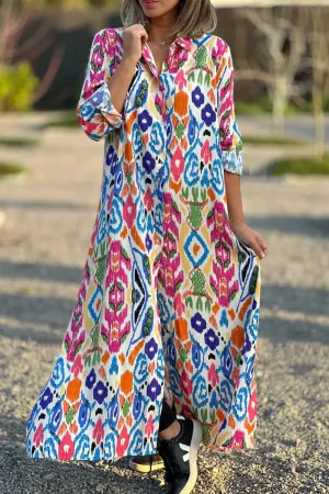 Casual Sweet Geometric Printing Turndown Collar Shirt Dresses