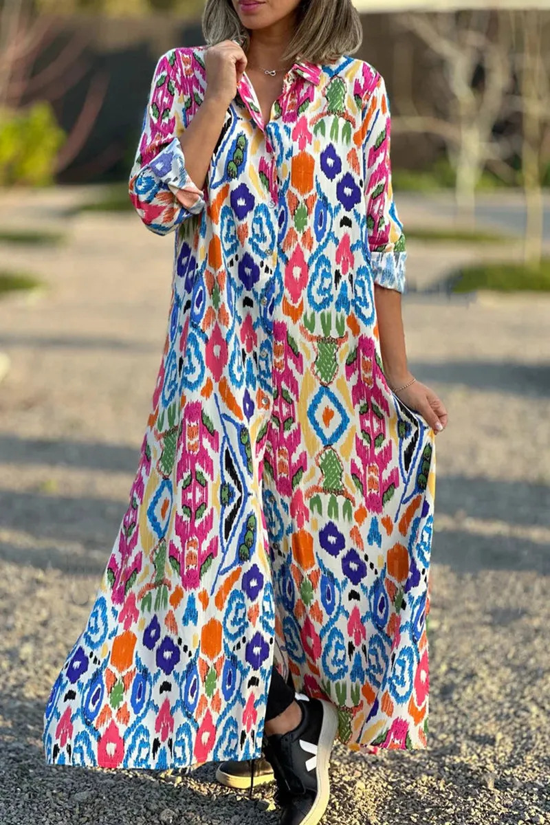 Casual Sweet Geometric Printing Turndown Collar Shirt Dresses