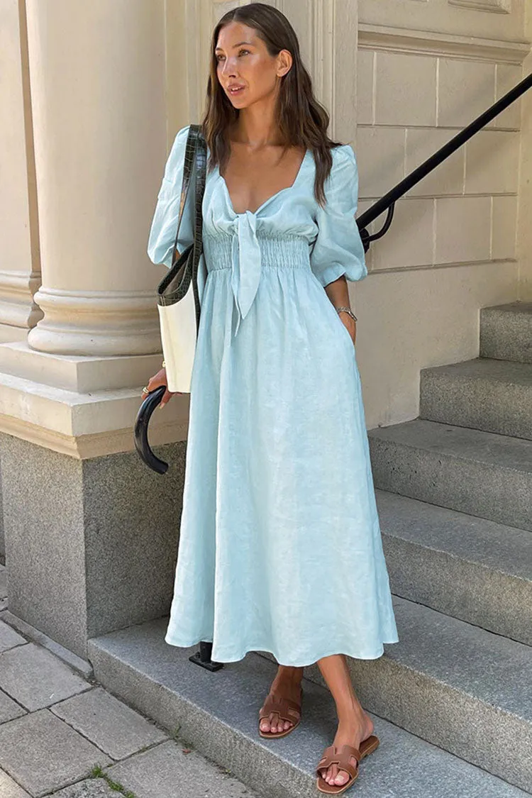 Casual Tie Front Puff Sleeve Linen Beach Vacation Midi Dress - Sky Blue