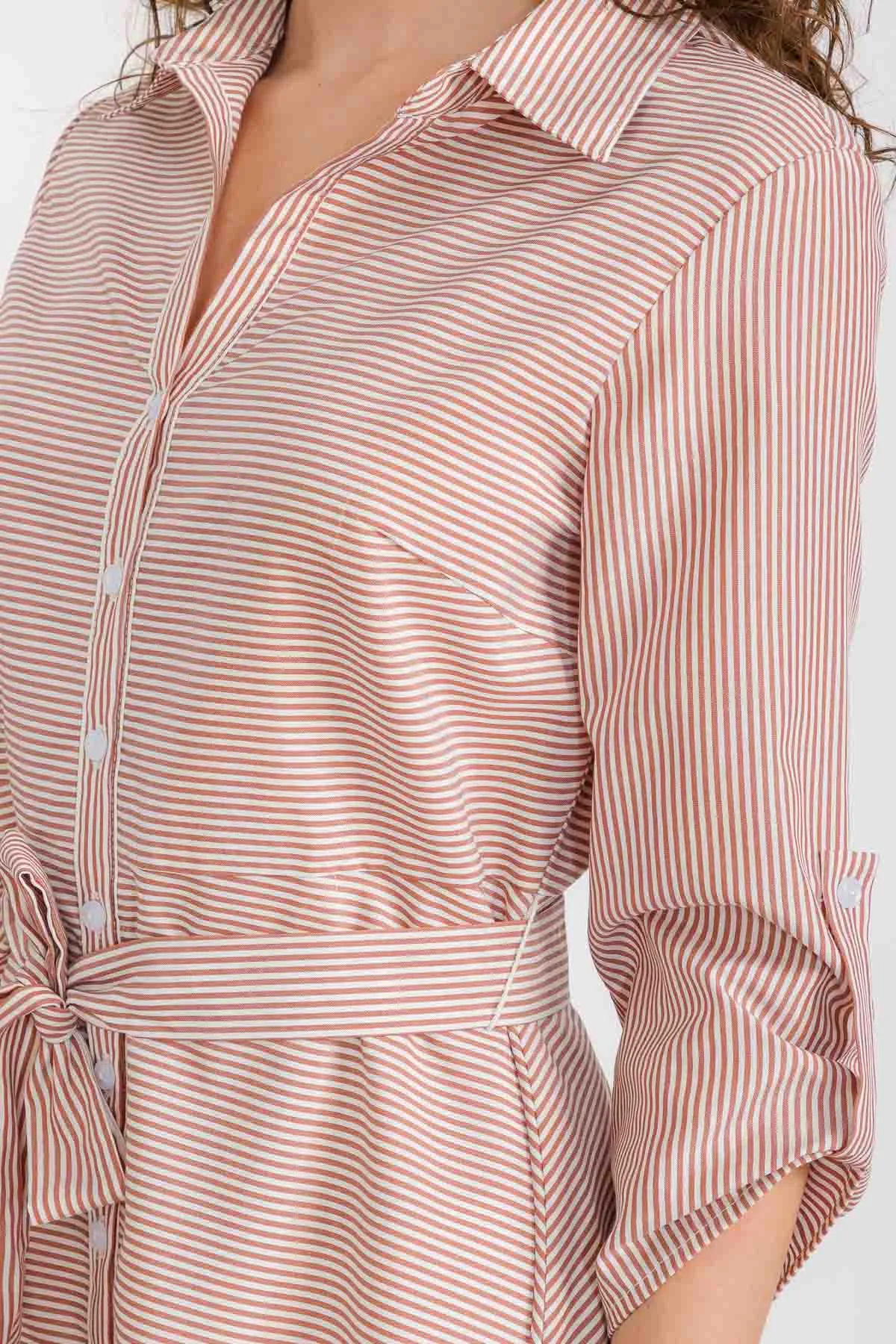 CHAMBRAY PINSTRIPE SELF TIE SHIRT DRESS