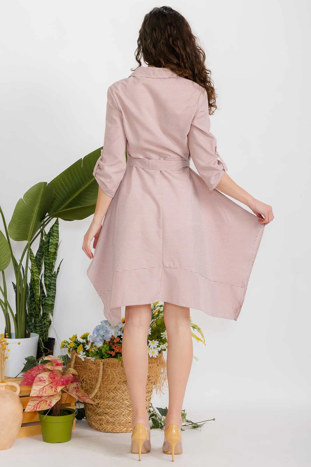 CHAMBRAY PINSTRIPE SELF TIE SHIRT DRESS