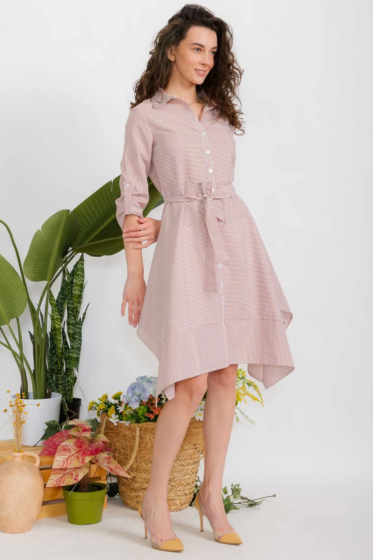 CHAMBRAY PINSTRIPE SELF TIE SHIRT DRESS