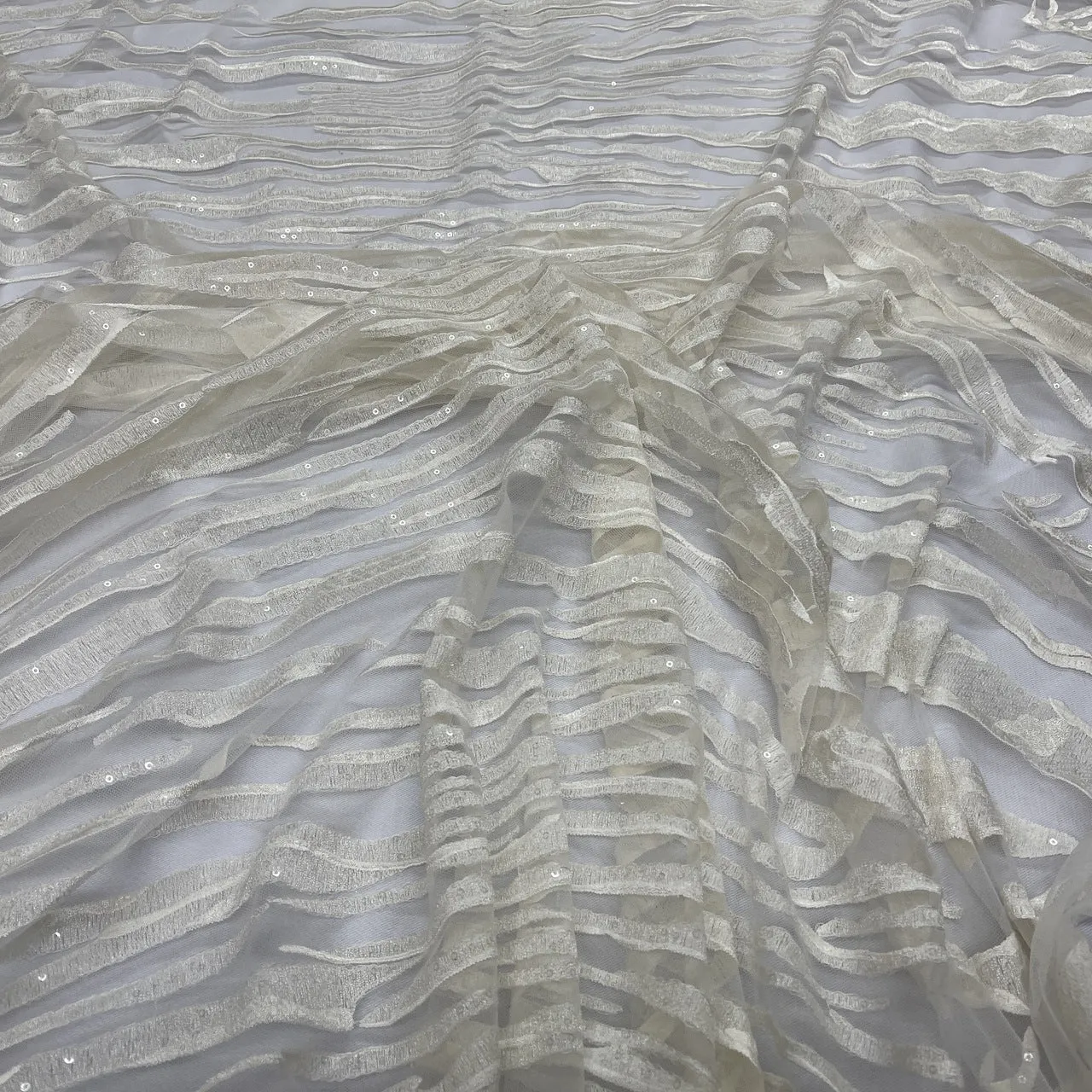 Chantilly Striped Sequin Lace Dress Fabric, Ivory