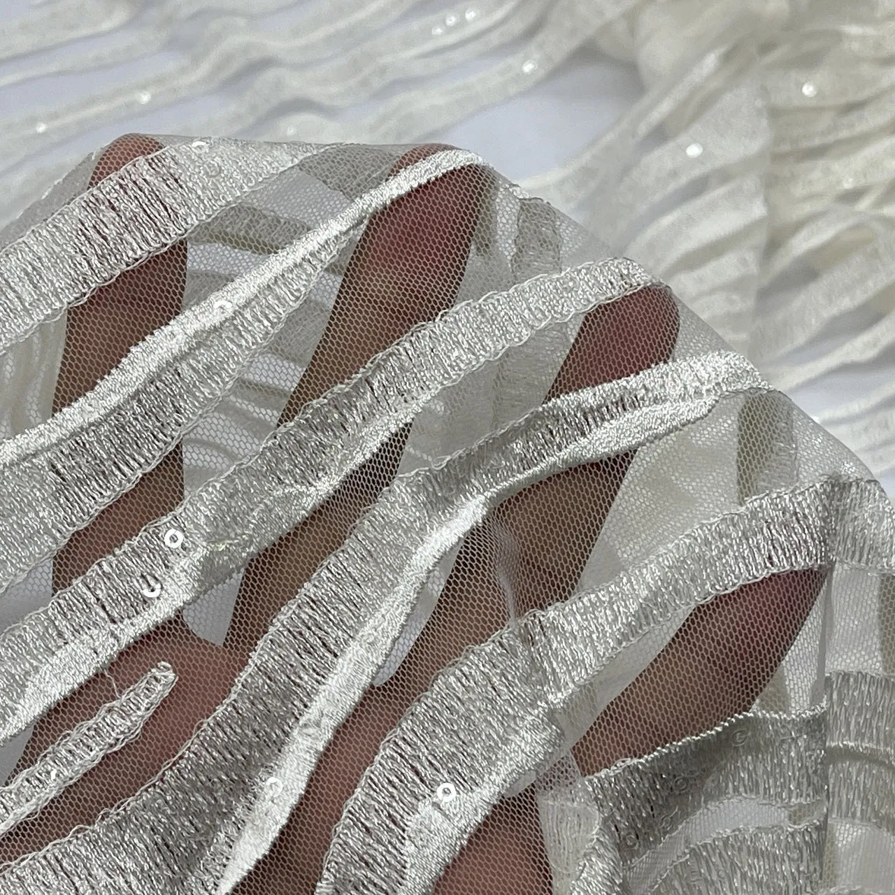 Chantilly Striped Sequin Lace Dress Fabric, Ivory