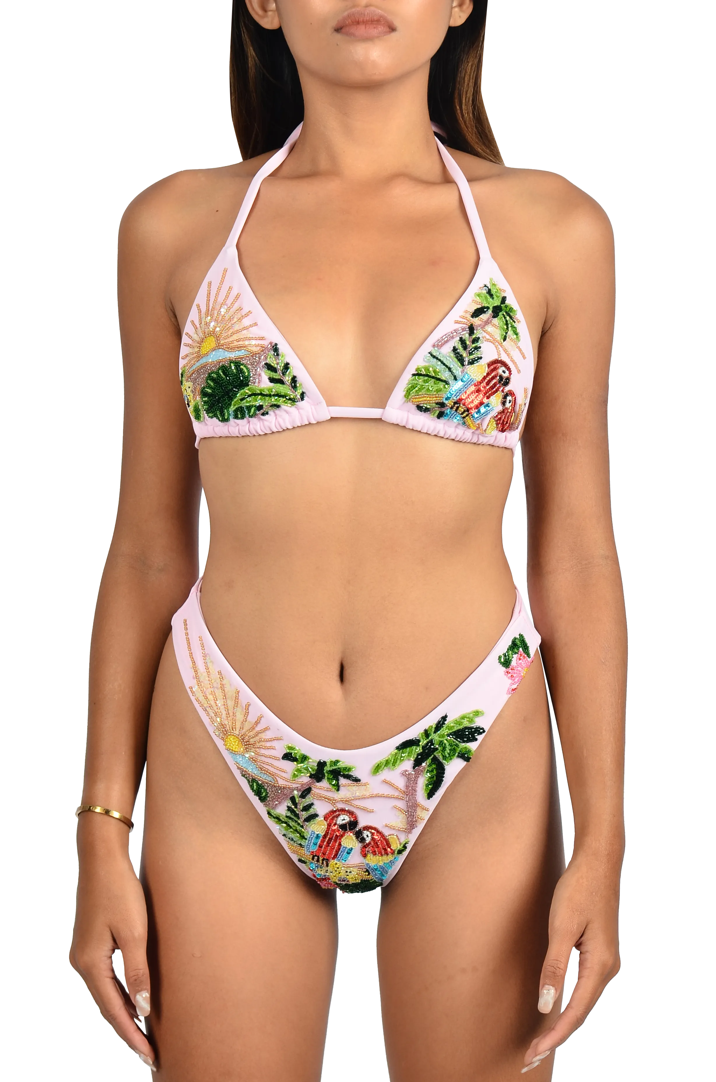 Charli Embellished Premium Tropical Bikini Bottom Pink