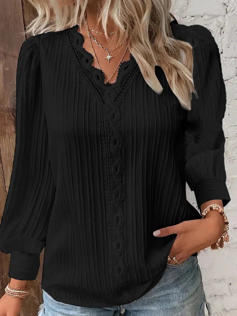 Charlotte – Lace Patchwork V-Neck Blouse
