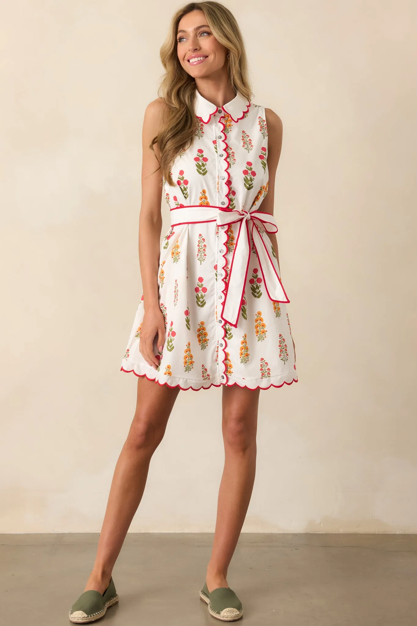 Chic By Nature Red Floral Cotton Scallop Hem Mini Shirt Dress