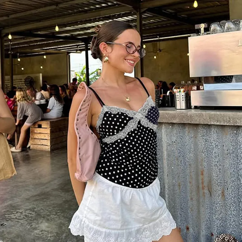 Chic Polka Dot Lace-Trimmed V-Neck Camisole for Effortless Elegance