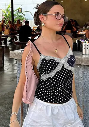 Chic Polka Dot Lace-Trimmed V-Neck Camisole for Effortless Elegance