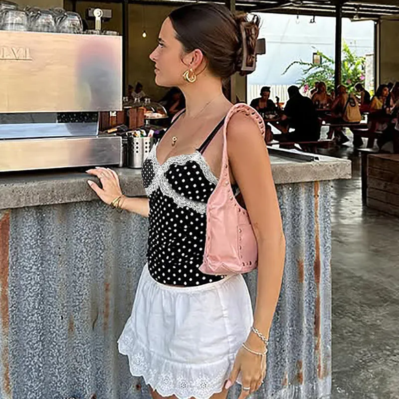Chic Polka Dot Lace-Trimmed V-Neck Camisole for Effortless Elegance